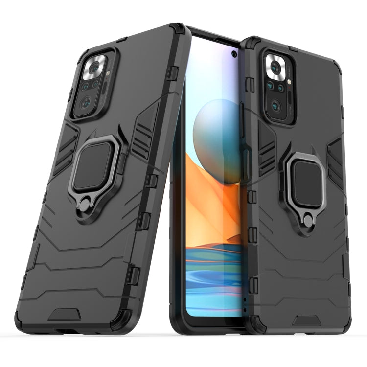 Shockproof TPU phone case with magnetic ring holder; black, front and back shown