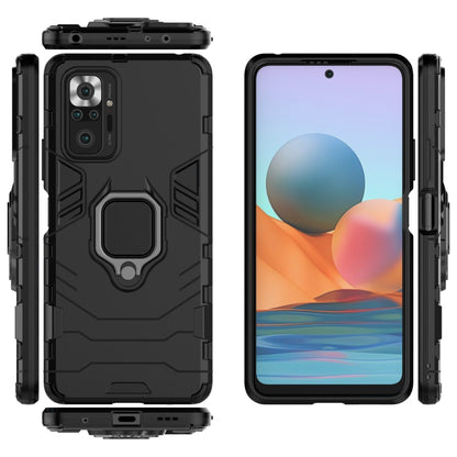 Shockproof TPU phone case with magnetic ring holder; black, front/back and side views