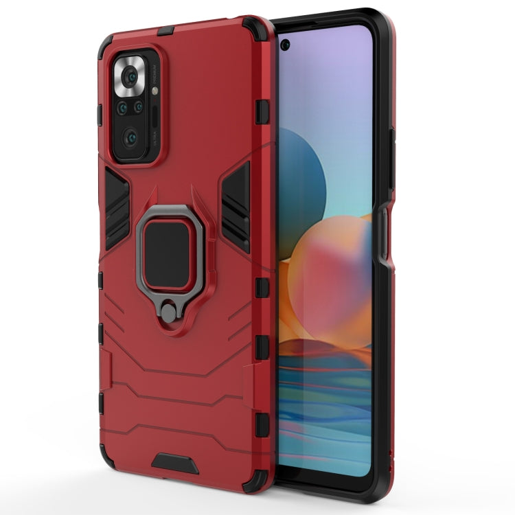 Shockproof TPU phone case with magnetic ring holder; red, front and back shown