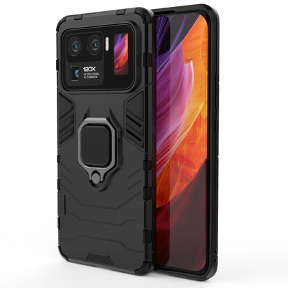 Shockproof TPU phone case with magnetic ring holder; black, camera side and front view
