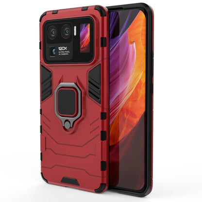 Shockproof TPU phone case with magnetic ring holder; red, phone inserted