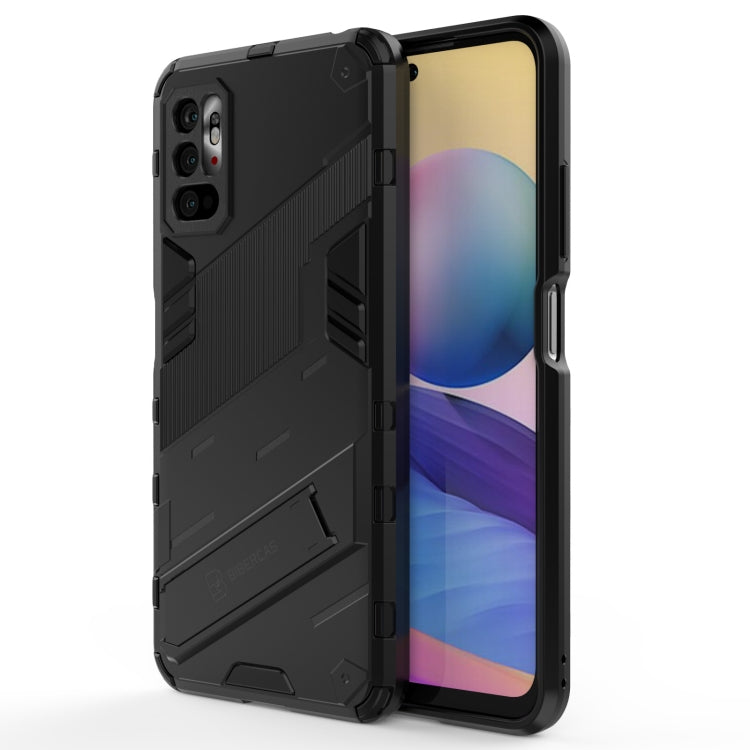 Rugged black phone case with shockproof TPU bumper and built-in stand