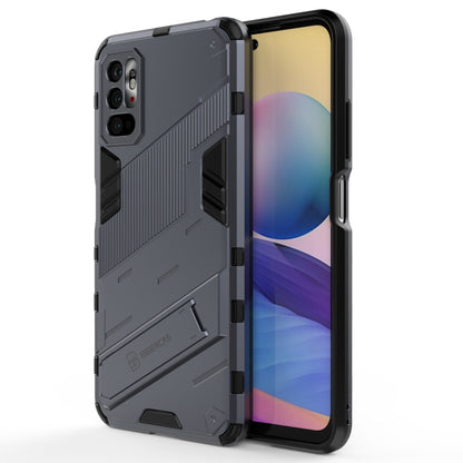Gray armored shockproof phone case with textured grip and camera cutouts