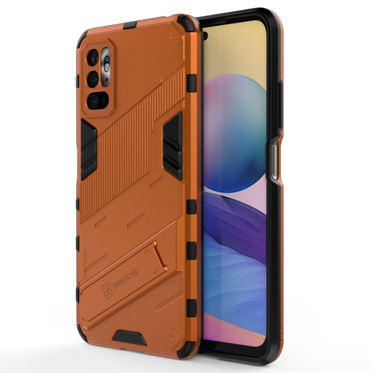 Rugged shockproof phone case, orange with black accents, front and back shown