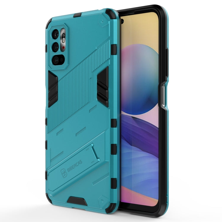 Rugged shockproof phone case, teal with black accents, front and back shown