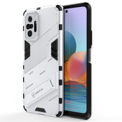 White rugged shockproof phone case with raised edges and built-in stand holder