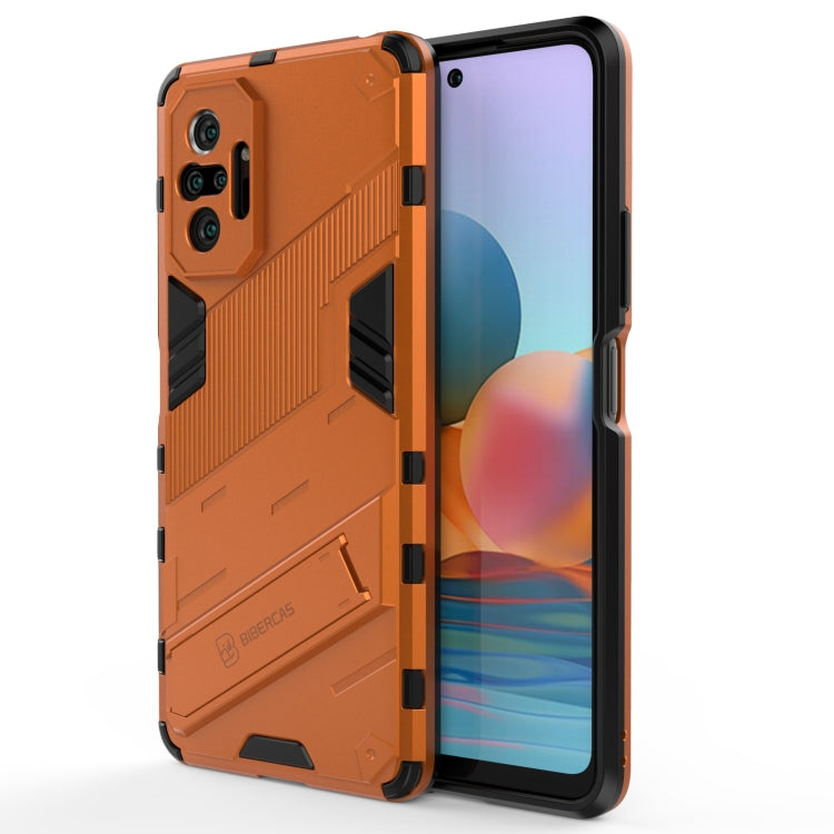 Rugged shockproof phone case, orange with black accents, front and back shown