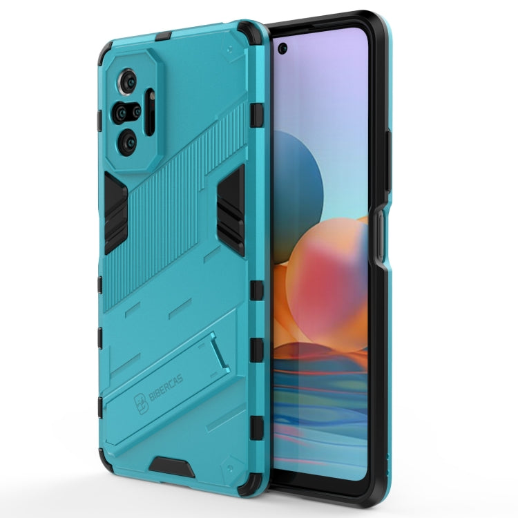 Rugged shockproof phone case, teal with black accents, front and back shown