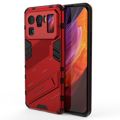 Red rugged shockproof phone case with textured grip and side stand