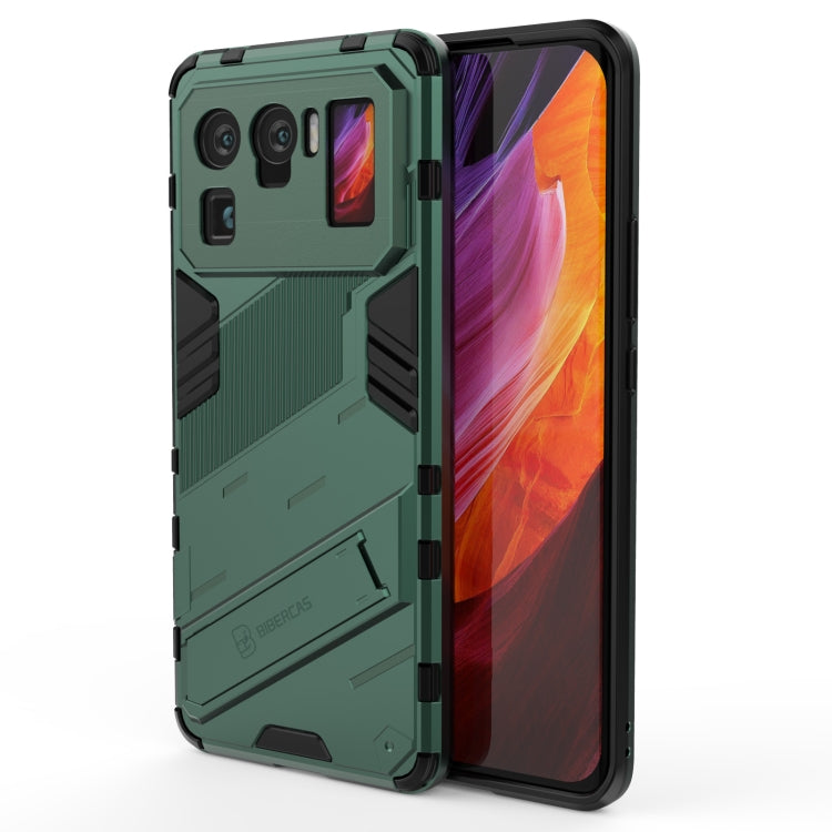 Green rugged shockproof phone case with textured panels and side stand