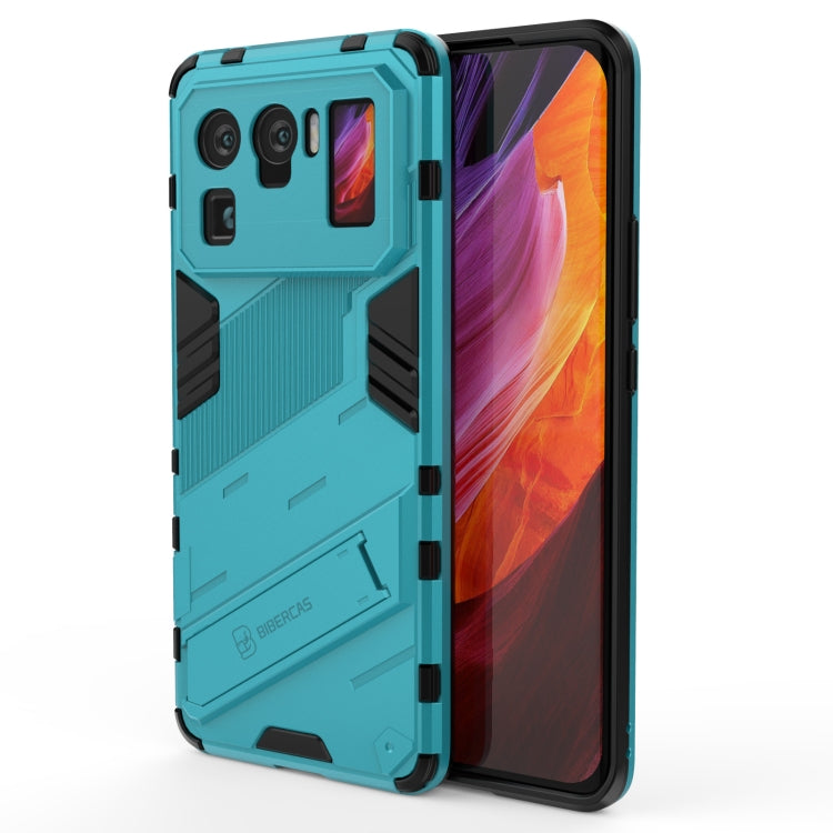 Rugged shockproof phone case, light blue with black accents, front and back shown