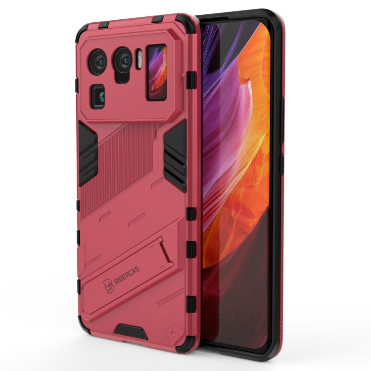 Rugged shockproof phone case, red with black accents, front and back shown