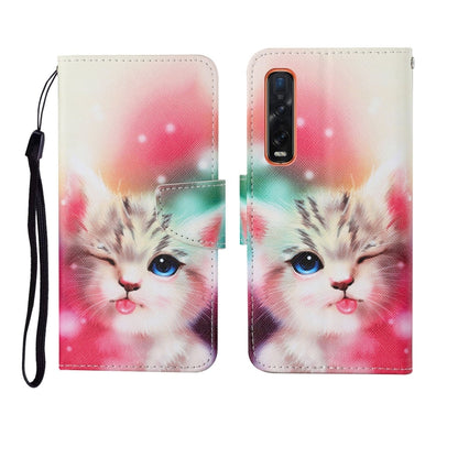 OPPO Find X2 Pro wallet phone case, printed cat with magnetic clasp and wrist strap