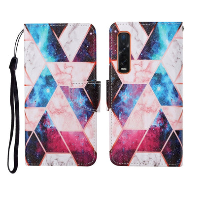 Wallet phone case with colorful geometric pattern, flip cover and wrist strap