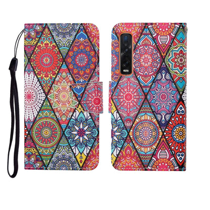 Folding wallet phone case with colorful patterned design and side wrist strap