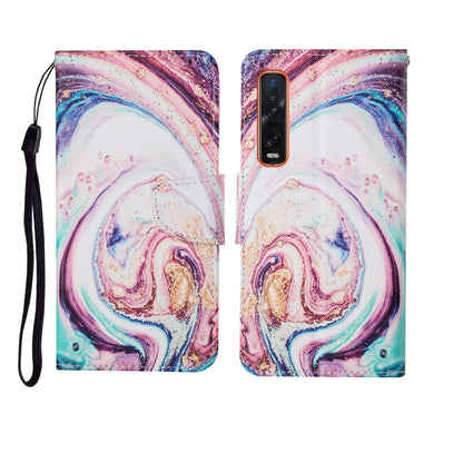 Folding phone case with swirling watercolor marble pattern and wrist strap