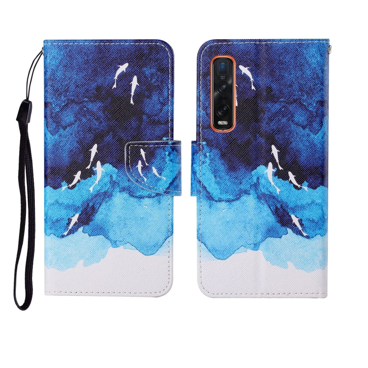 Folding phone case with blue sky clouds and birds print, plus wrist strap