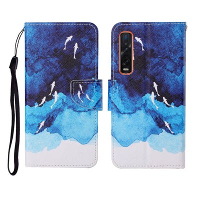 Folding phone case with blue sky clouds and birds print, plus wrist strap