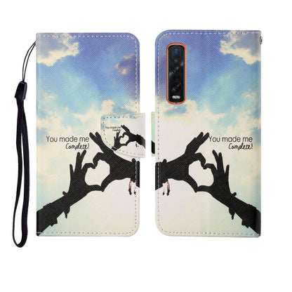 Folding phone case with pastel clouds and hand silhouettes text design, wrist strap