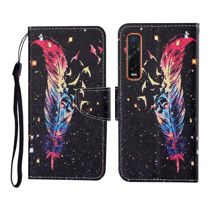 Folding phone case with black background and colorful feather pattern, wrist strap