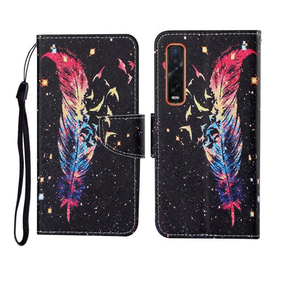 Folding phone case with black background and colorful feather pattern, wrist strap