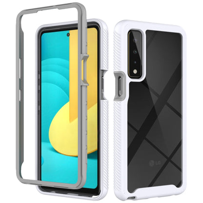 White shockproof phone case with gray border and camera cutout, front and back view
