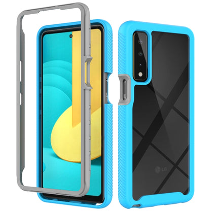 Light blue shockproof phone case with gray trim, camera cutout, front and back