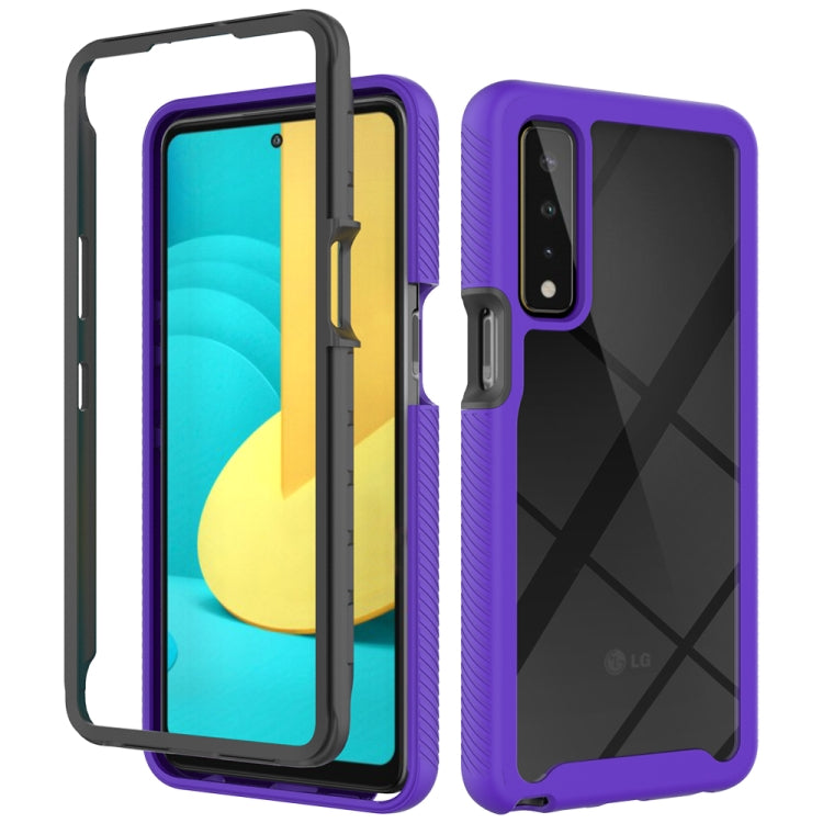 Purple shockproof phone case with gray trim, camera cutout, front and back