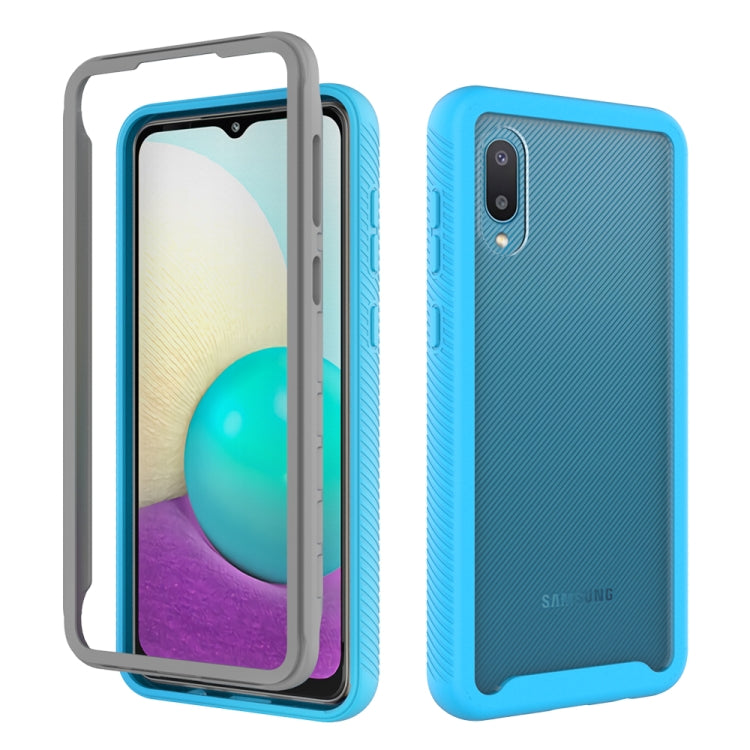 Light blue shockproof TPU phone case with textured grip, front and back view.