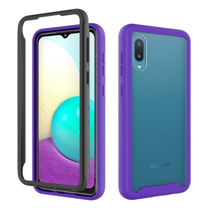 Purple shockproof TPU phone case with textured grip, front and back view.