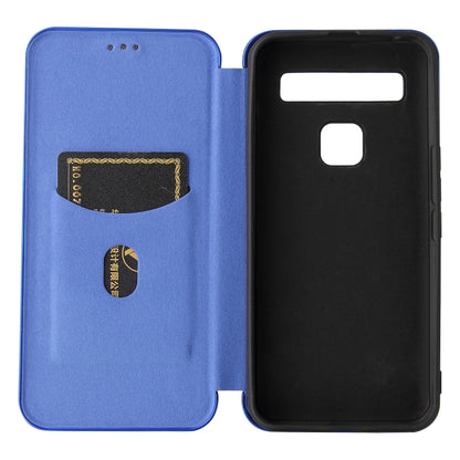 Blue folio-style phone case with card slot and magnetic flip cover, showing inner shell