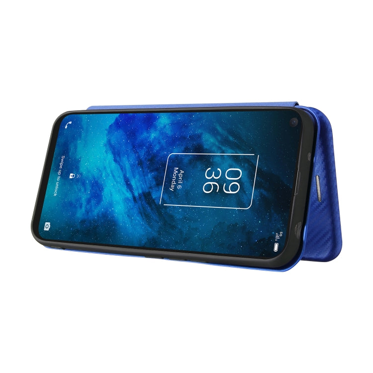 Blue magnetic flip phone case folded sideways, showing screen-protection front cover