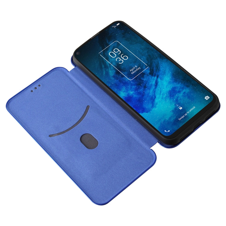 Blue magnetic flip phone case with camera cutout, open cover and soft front flap