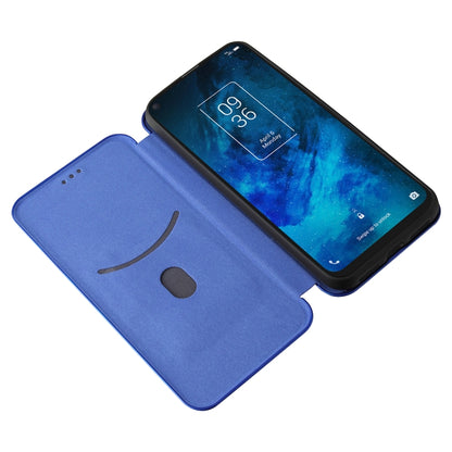 Blue magnetic flip phone case with camera cutout, open cover and soft front flap