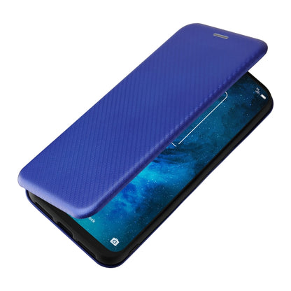 Blue carbon fiber texture magnetic flip phone case with sideways flip cover
