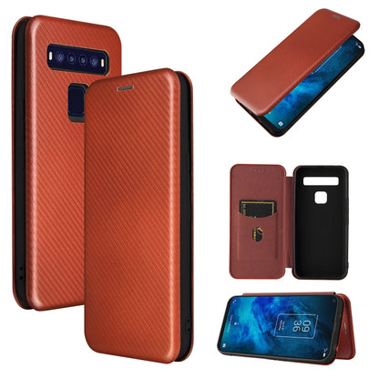Brown carbon fiber texture magnetic flip phone case with card slot and TPU cover