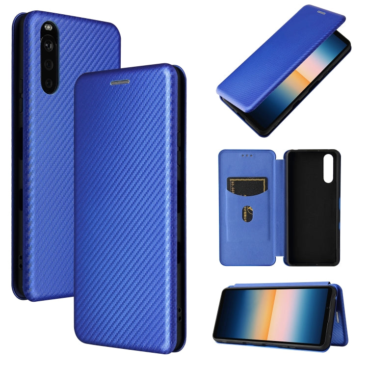Blue carbon-fiber textured magnetic flip phone case with card slot