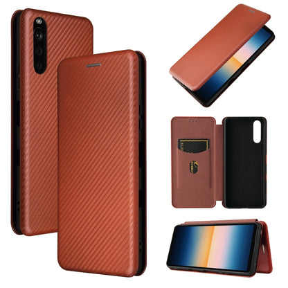 Brown carbon-fiber textured magnetic flip phone case with card slot