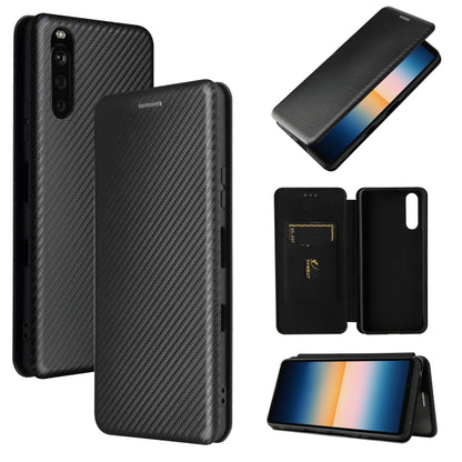 Black carbon-fiber textured magnetic flip phone case with card slot