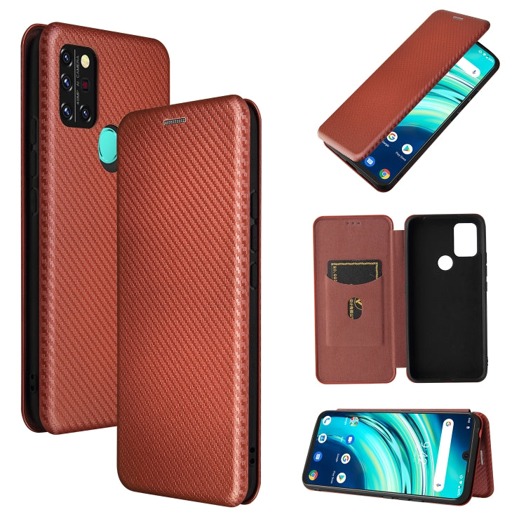 Brown carbon-fiber textured magnetic flip phone case with card slot