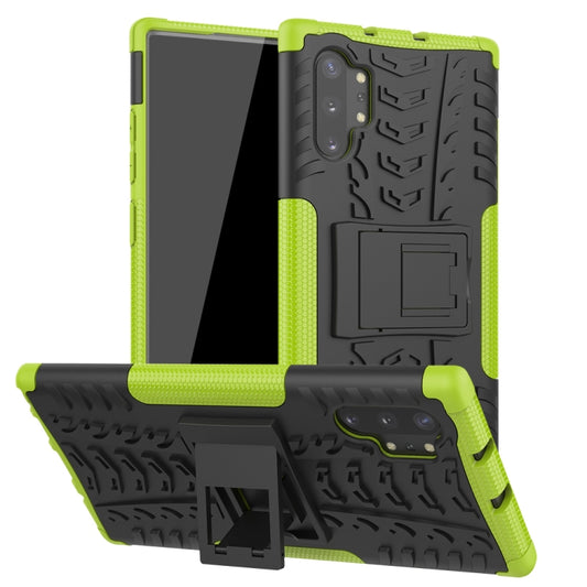 Green rugged phone case with tire-texture grip and built-in holder for Galaxy Note 10 Plus