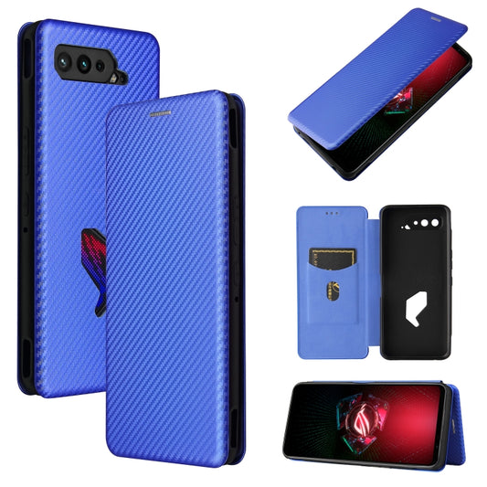 Blue carbon-fiber texture magnetic flip phone case with card slot, open and closed views