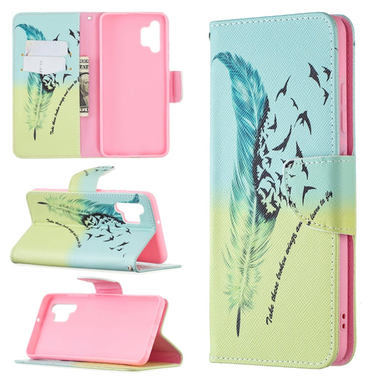 Feather bird patterned wallet phone case with card slots and magnetic flip stand, teal/green/pink