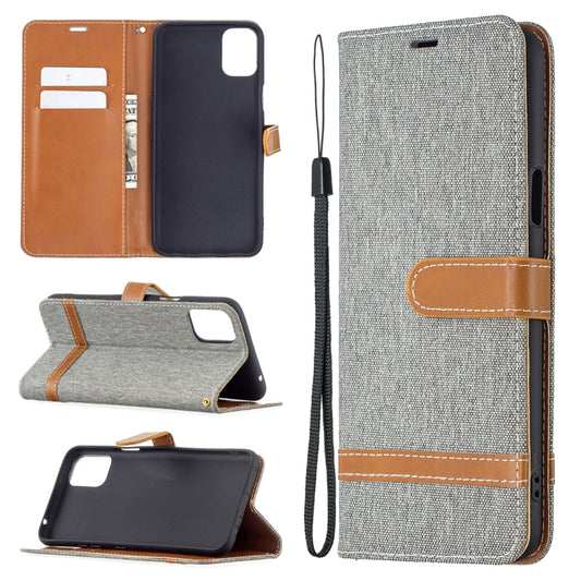 Grey denim-texture flip phone wallet case with card slots, holder, and lanyard