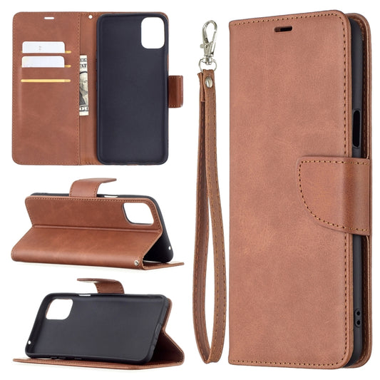 Brown flip PU leather phone wallet case with card slots, holder, and wrist lanyard