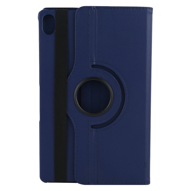 Blue leather tablet case with circular camera cutout and foldable viewing stand