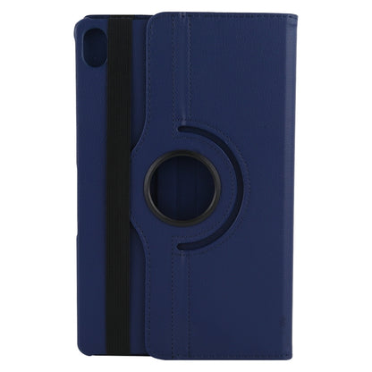 Blue leather tablet case with circular camera cutout and foldable viewing stand