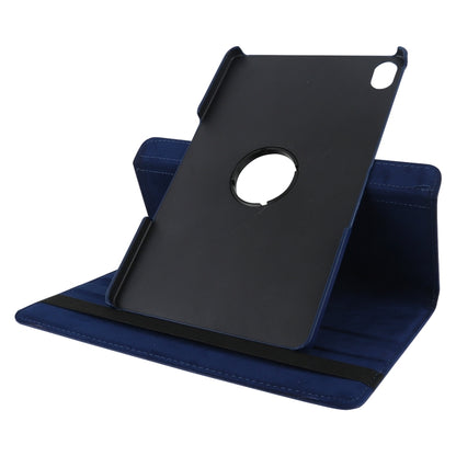 Blue leather tablet case with black back panel, circular camera cutout, stand base
