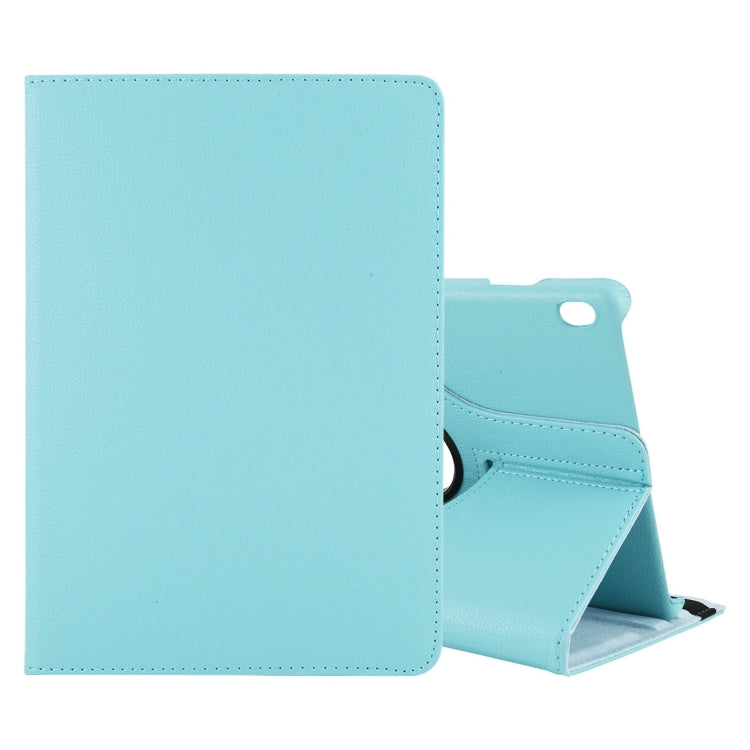 Light blue leather-style tablet case with flip cover and kickstand, side port cutout
