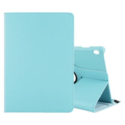 Light blue leather-style tablet case with flip cover and kickstand, side port cutout
